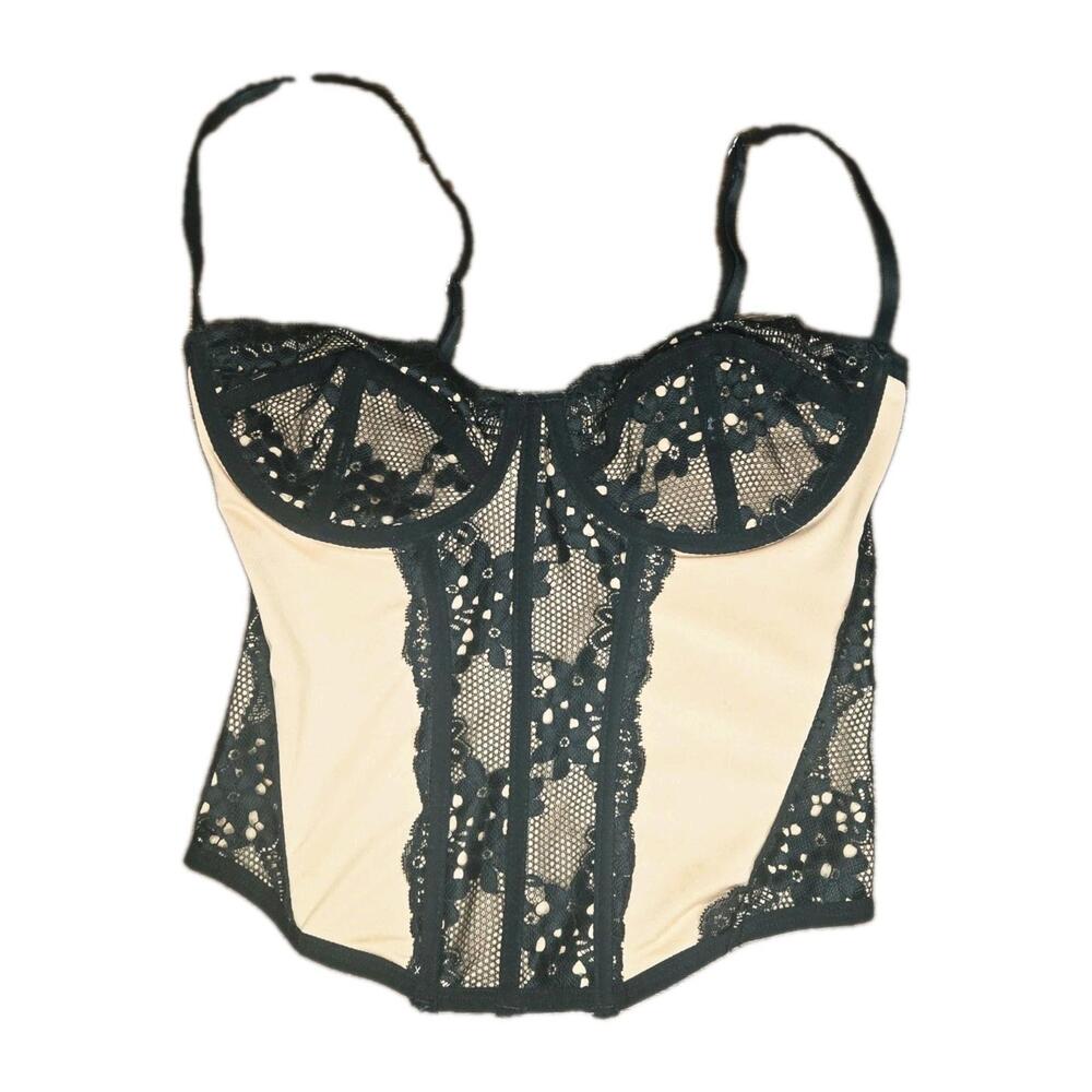 RARE Forever 21 Couture Satin Bustier Crop Top – Black & Beige Corset Style - M